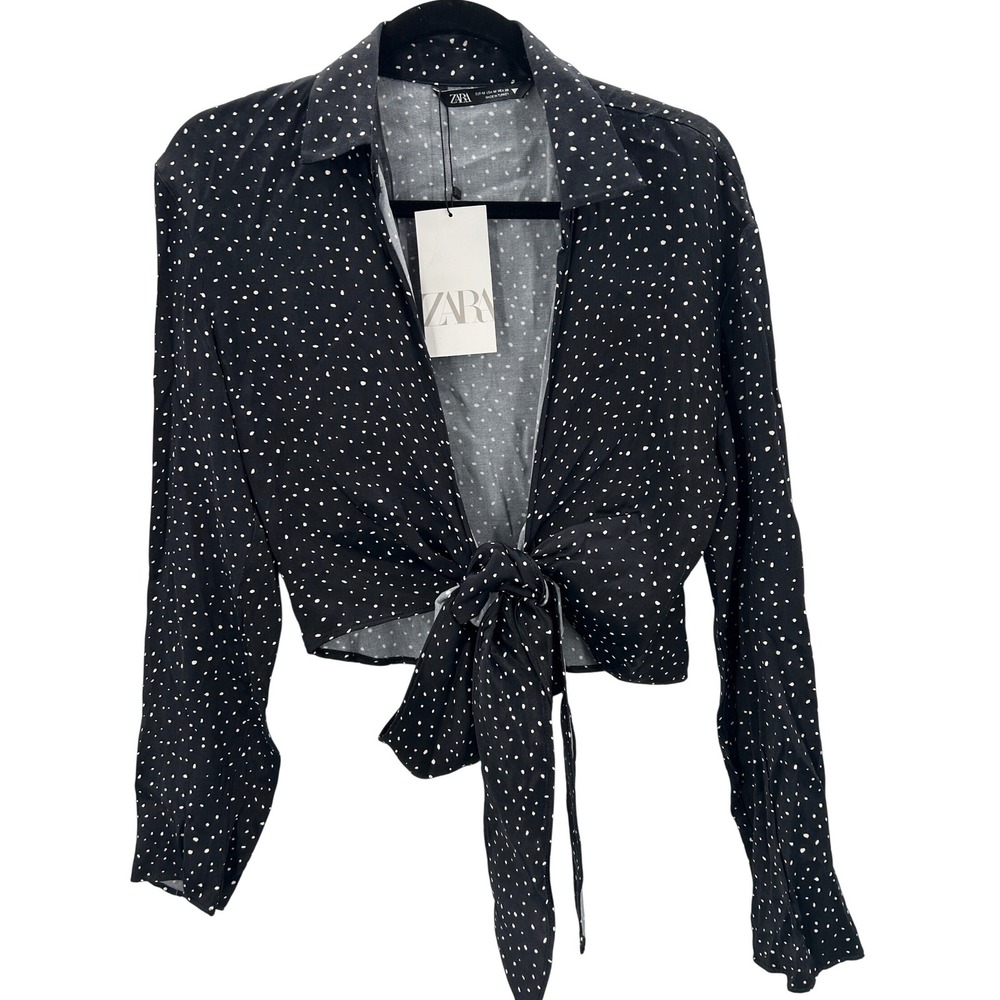 NWT ZARA‎ Black White Polka Dot Long Sleeve Tie Front Cropped Blouse Shirt Top M